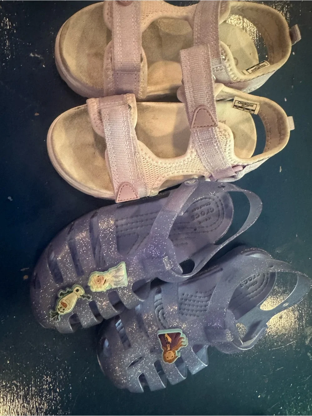 2 sandals one Girls Sparkle Purple Jelly Sandal with frozen charms on them